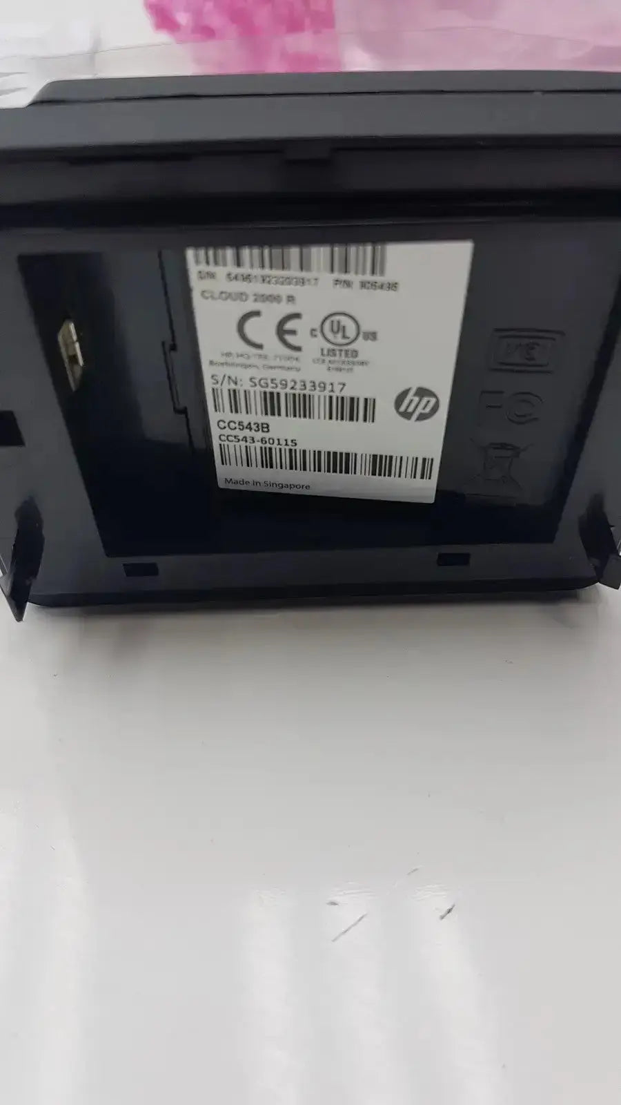 Black hp cc543b printer cartridge with white label showing serial and model information for f8b30a cloud exchange smartcard kit
