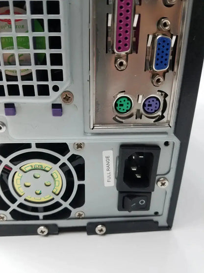 Rear panel of hughes network model mgs3550 hospital surplus black computer case with silver chassis and multiple ports