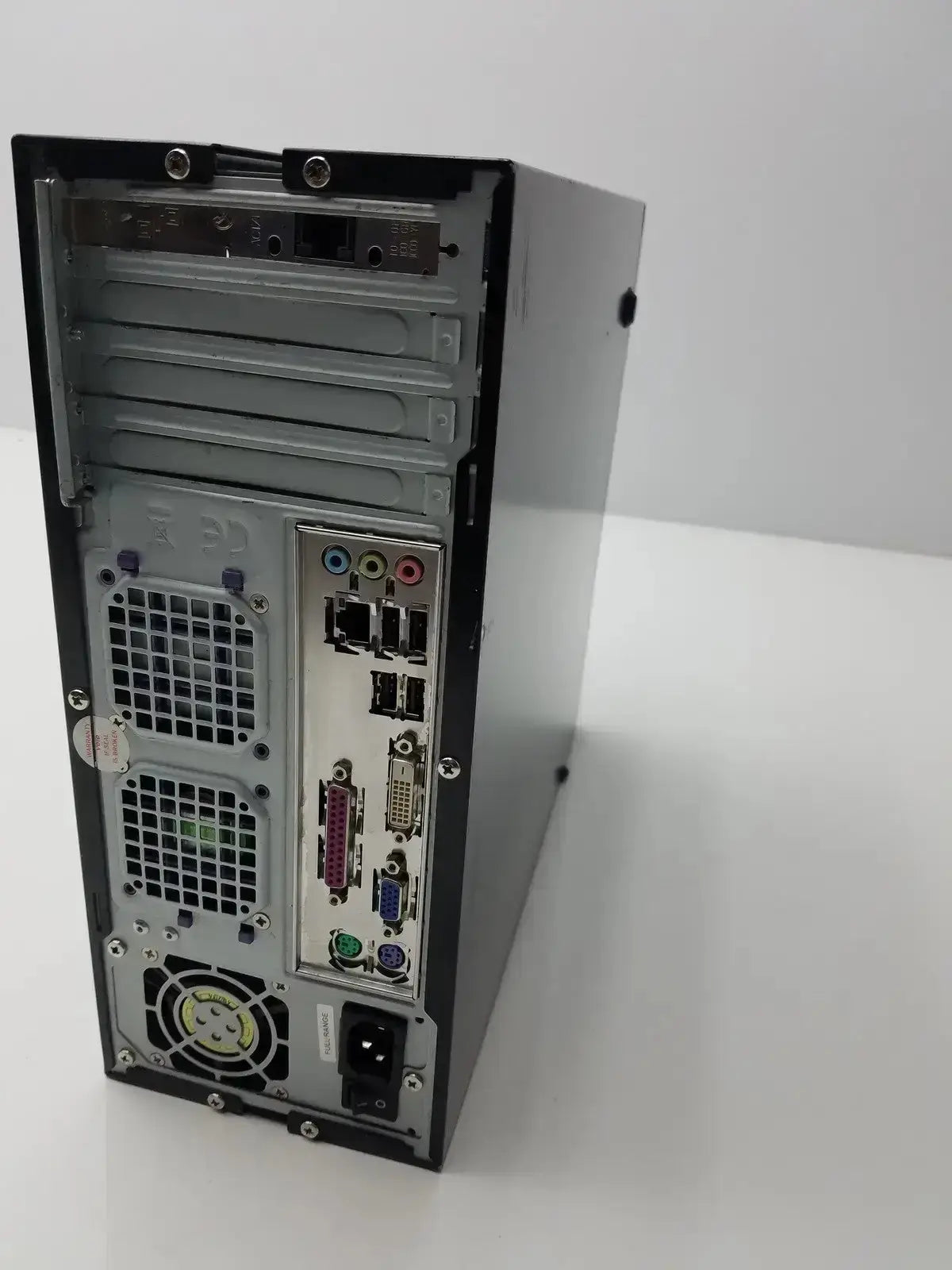Black desktop computer tower with silver rear panel showing ports and ventilation grilles hughes network model mgs3550 hospital surplus