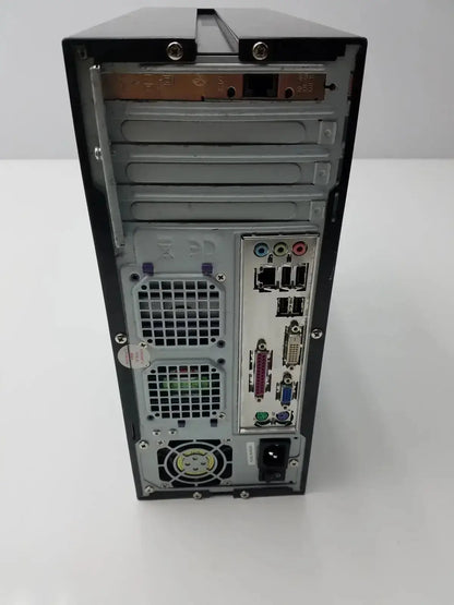 Rear view of black hp desktop computer tower with silver interior panels and ports for hughes network model mgs3550 hospital surplus