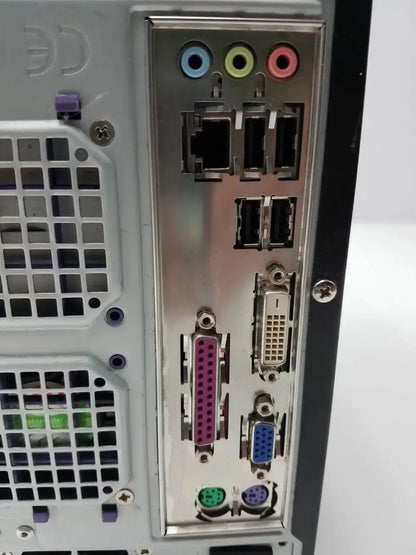 Silver-colored metal back i/o panel with multiple ports including audio jacks on hughes network model mgs3550 hospital surplus