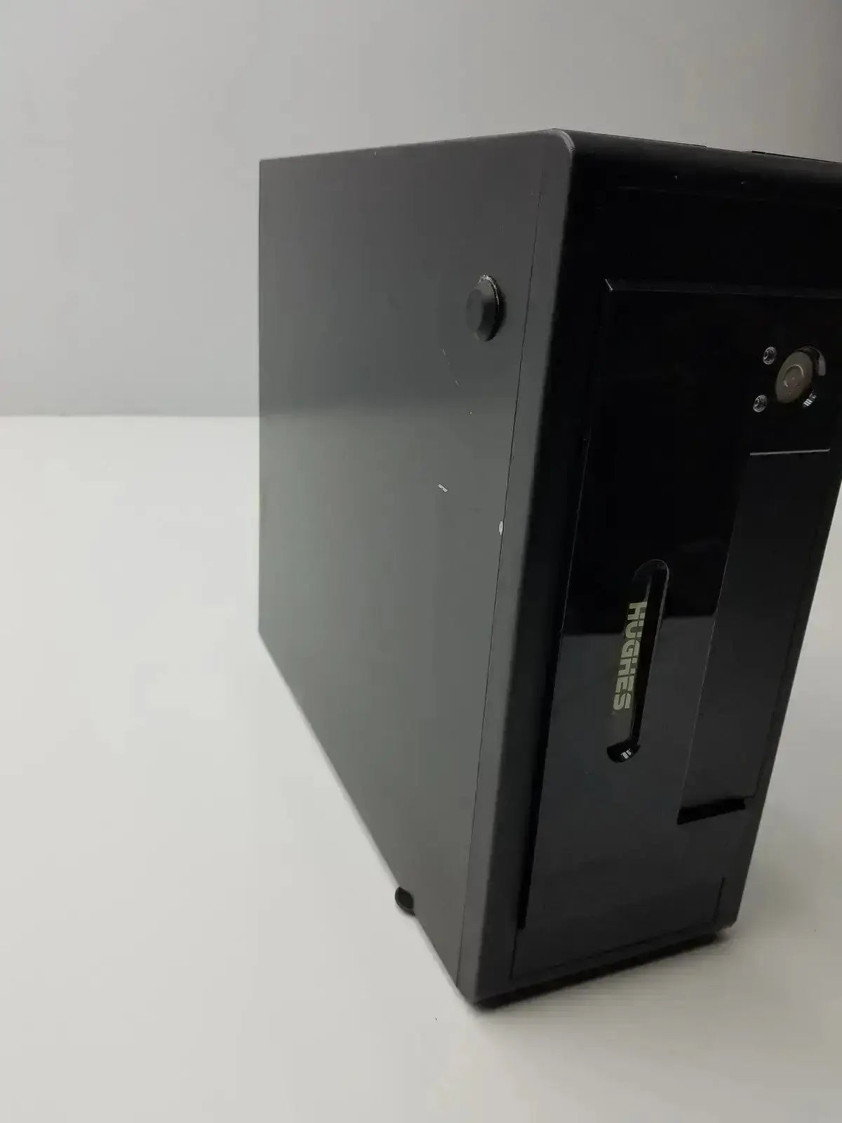 Black Hughes network desktop computer tower model mgs3550 with glossy finish and gold lettering hospital surplus