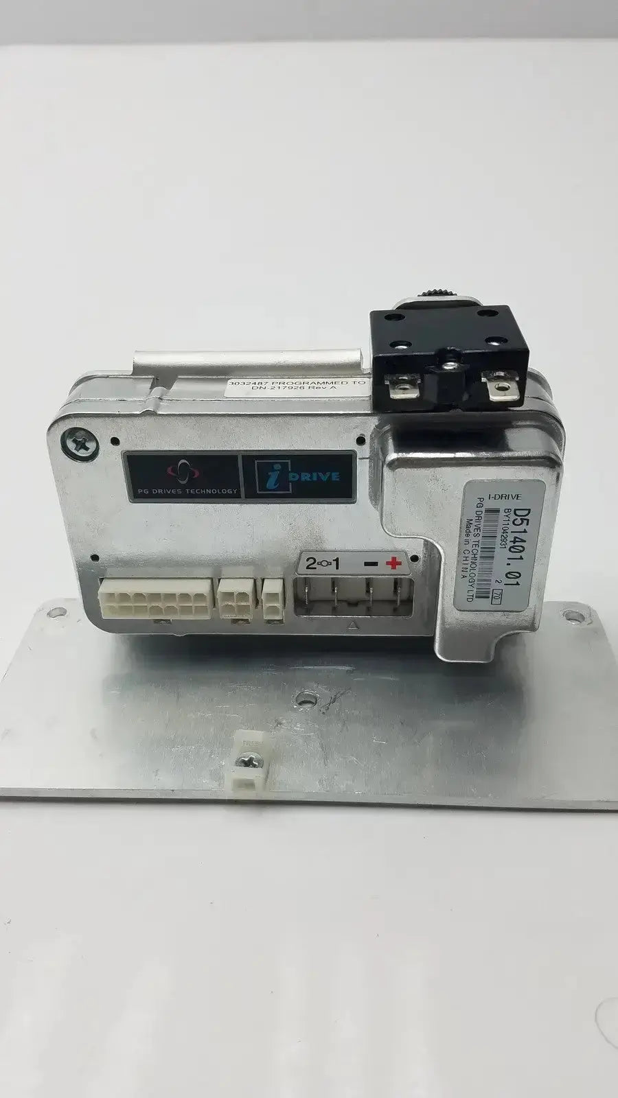 Silver metallic idrive motor controller d51501.01 with black plastic components and labeled connectors for drive technology