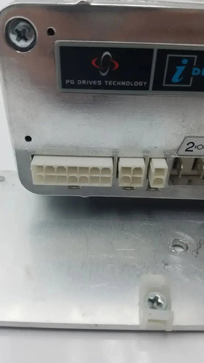 Silver metallic iDrive motor controller with white connectors and black pg drives technology label for drive technology applications