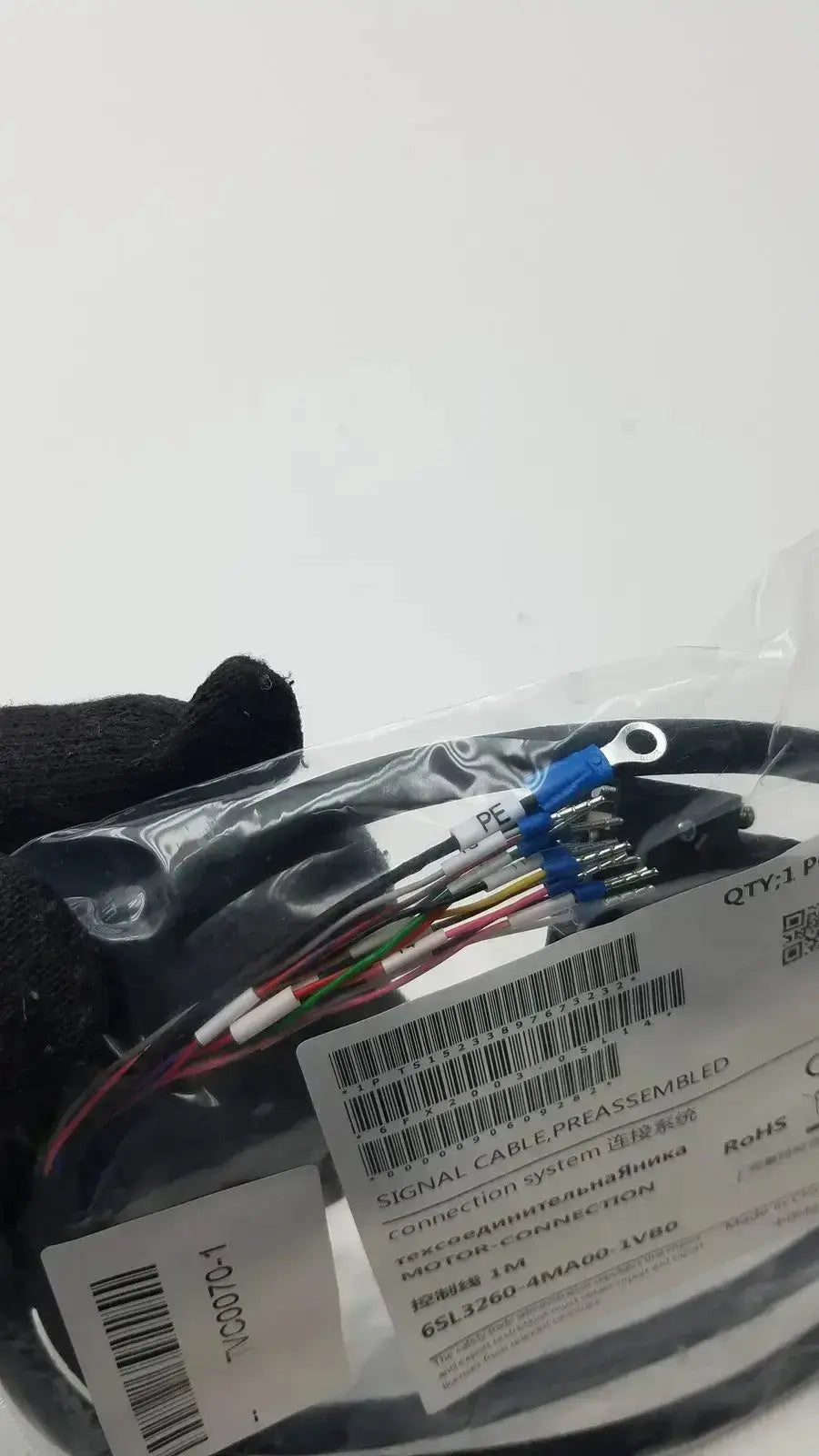 Black preassembled signal cable with multiple colored wires and blue connectors for preassembled motor connection use
