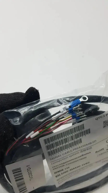 Black preassembled signal cable with multiple colored wires and blue connectors for preassembled motor connection use