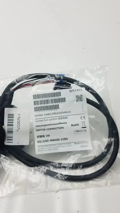 Black preassembled motor connection signal cable packaged in clear plastic with white label displaying specifications
