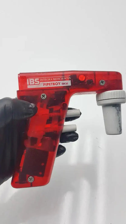 Red translucent plastic integra biosciences acu pipetboy controller with white accents and gray tip labeled pipetboy acu