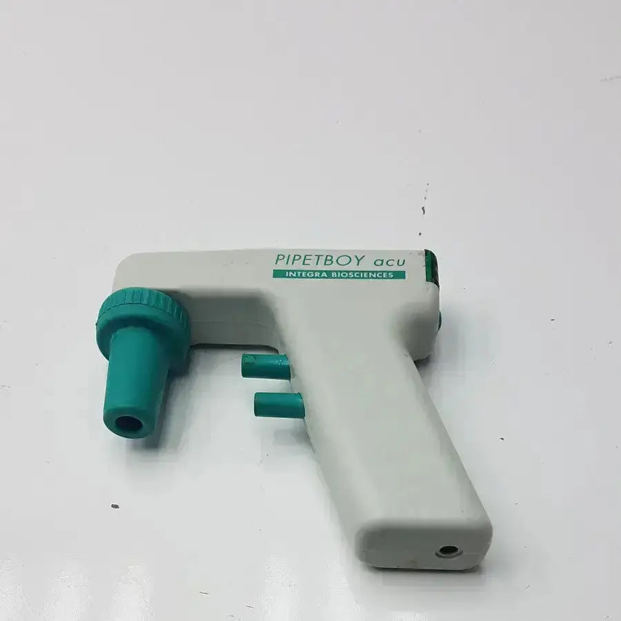 Teal and gray integra biosciences acu pipetboy controller pipette dispenser for precise liquid handling in laboratories