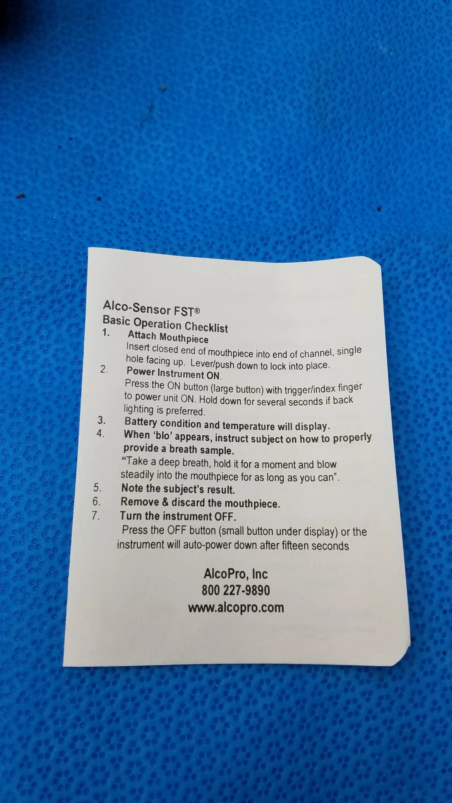 White paper instruction sheet for white alco-sensor fst portable breathalyzer by intoximeters medical equipment