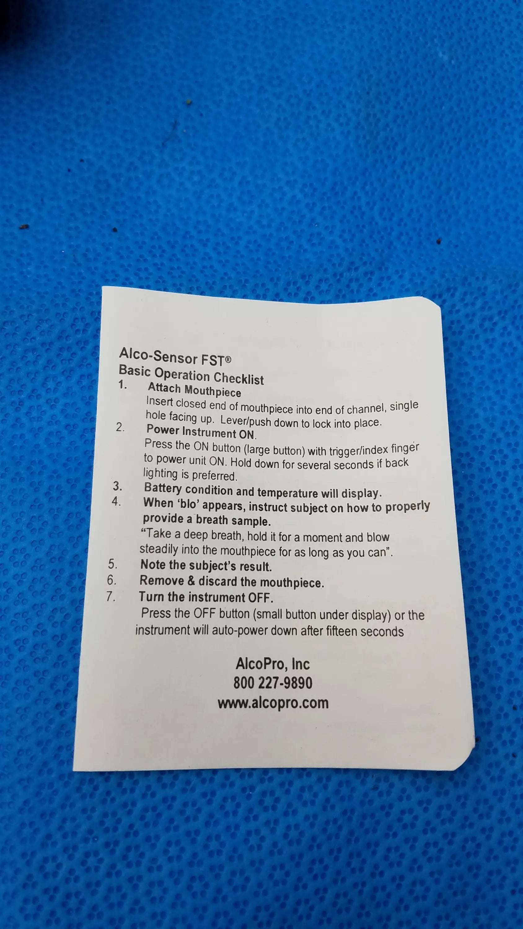 White paper instruction sheet for white alco-sensor fst portable breathalyzer by intoximeters medical equipment
