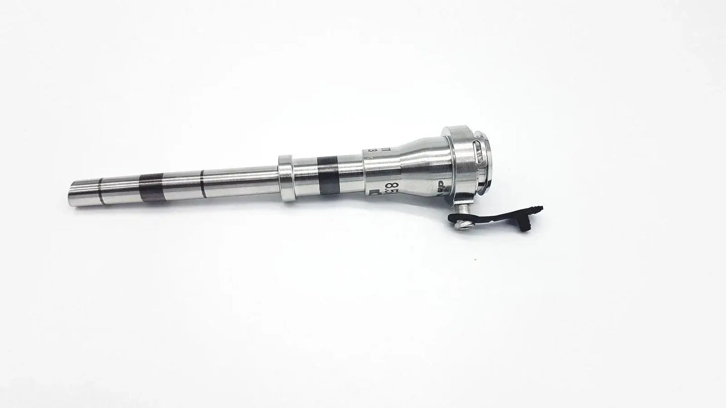 Silver da vinci 850mm cannula laparoscopic instrument with black measurement markings and strap for reuse medical equipment