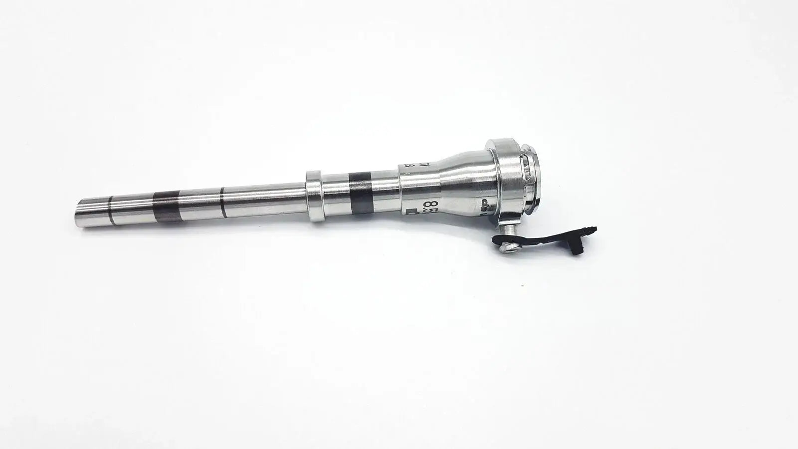 Silver da vinci 850mm cannula laparoscopic instrument with black measurement markings and strap for reuse medical equipment
