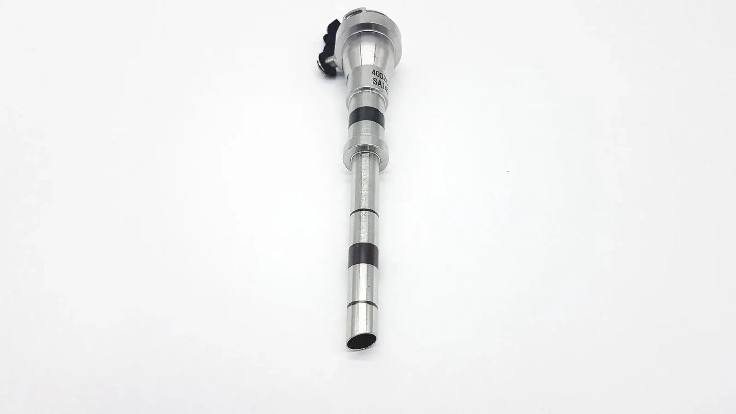 Silver metallic fuel injector with black rubber cap and engraved markings for intuitive surgical reuse medical equipment