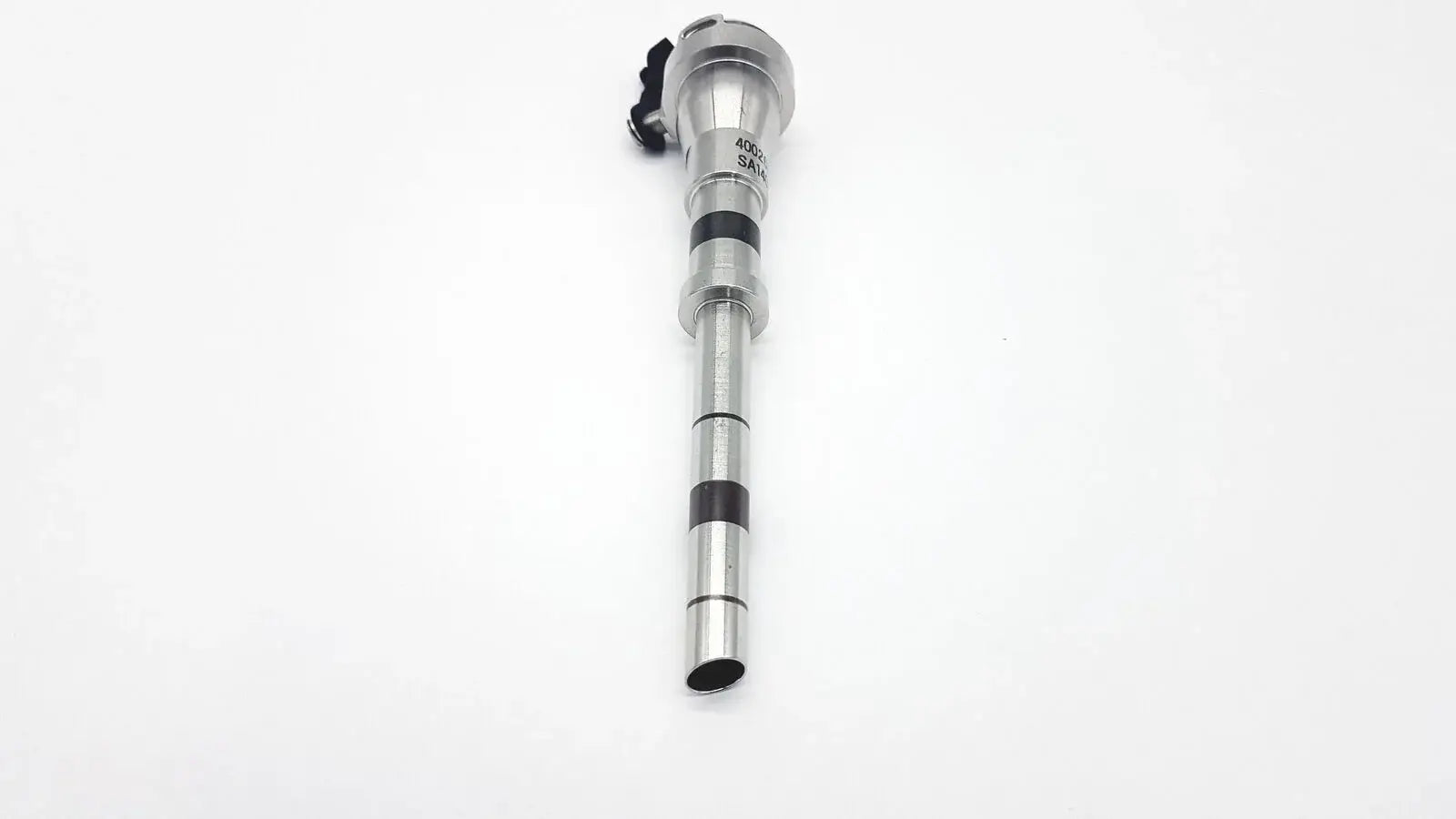 Silver metallic fuel injector with black rubber cap and engraved markings for intuitive surgical reuse medical equipment