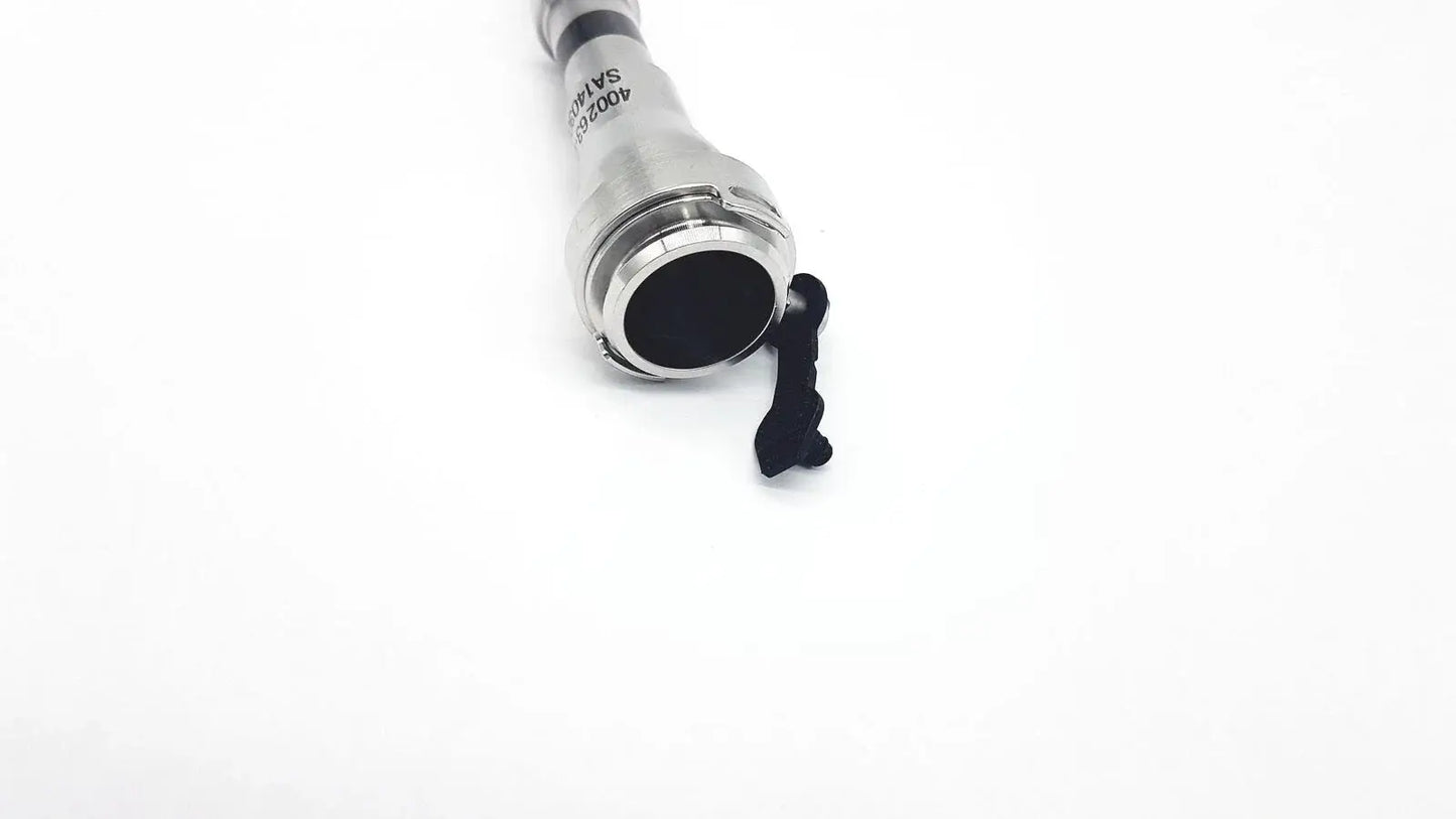 Silver metallic cylindrical connector with black rubber seal and clip for reuse medical equipment Intuitive Surgical cannula
