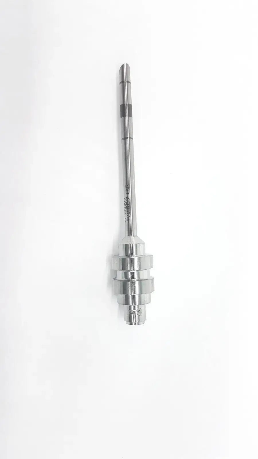 Silver surgical drill bit with textured multi-layered handle and engraved markings for da vinci 5mm cannula laparoscopy