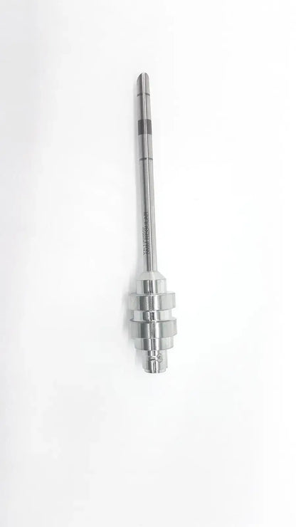 Silver surgical drill bit with textured multi-layered handle and engraved markings for da vinci 5mm cannula laparoscopy