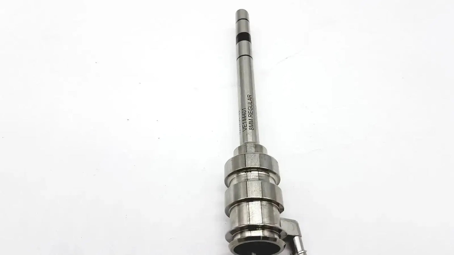 Silver metallic intuitive surgical vinci regular 8mm cannula with engraved markings and threaded segmented body