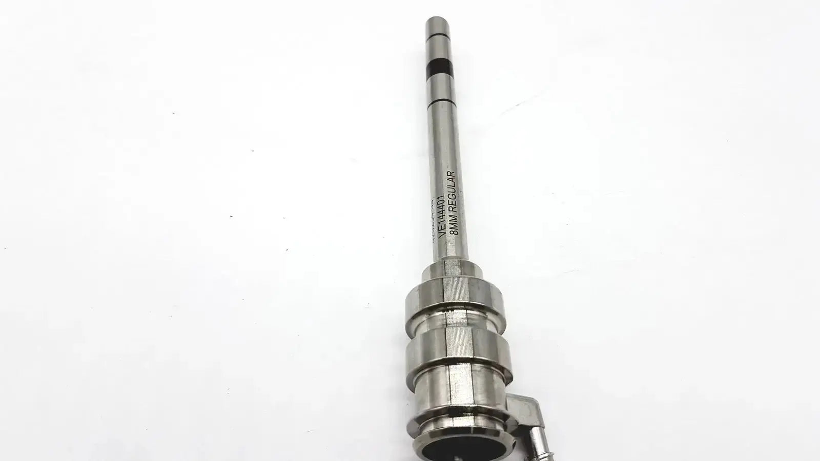 Silver metallic intuitive surgical vinci regular 8mm cannula with engraved markings and threaded segmented body