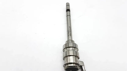 Silver metallic intuitive surgical vinci regular 8mm cannula with engraved markings and threaded segmented body