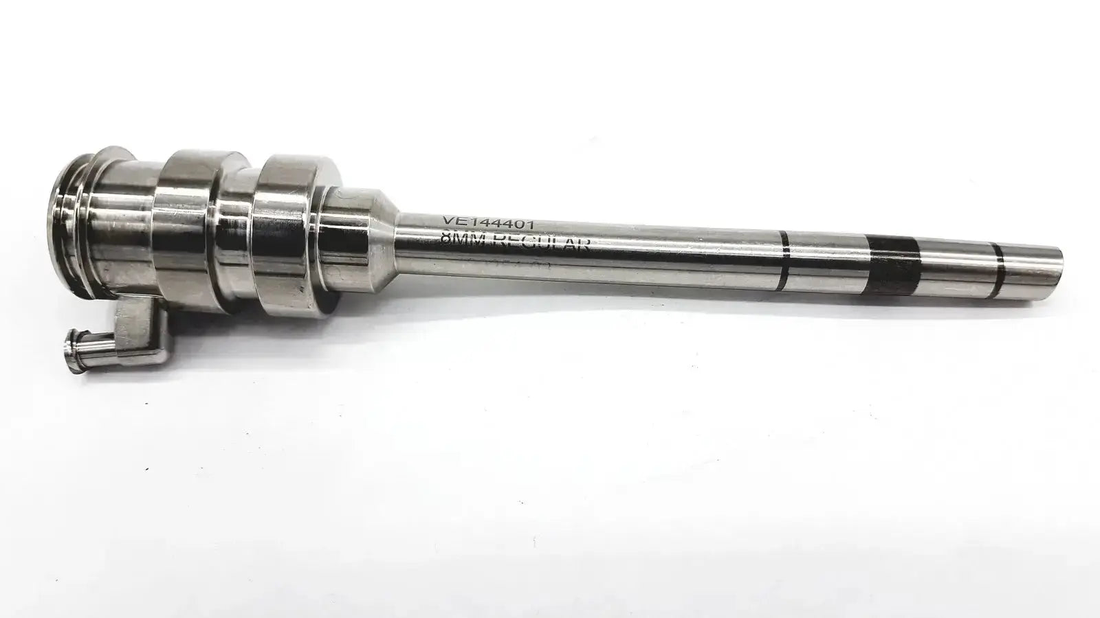 Stainless steel medical-grade Intuitive Surgical Da Vinci regular 8mm cannula with engraved model number and black bands