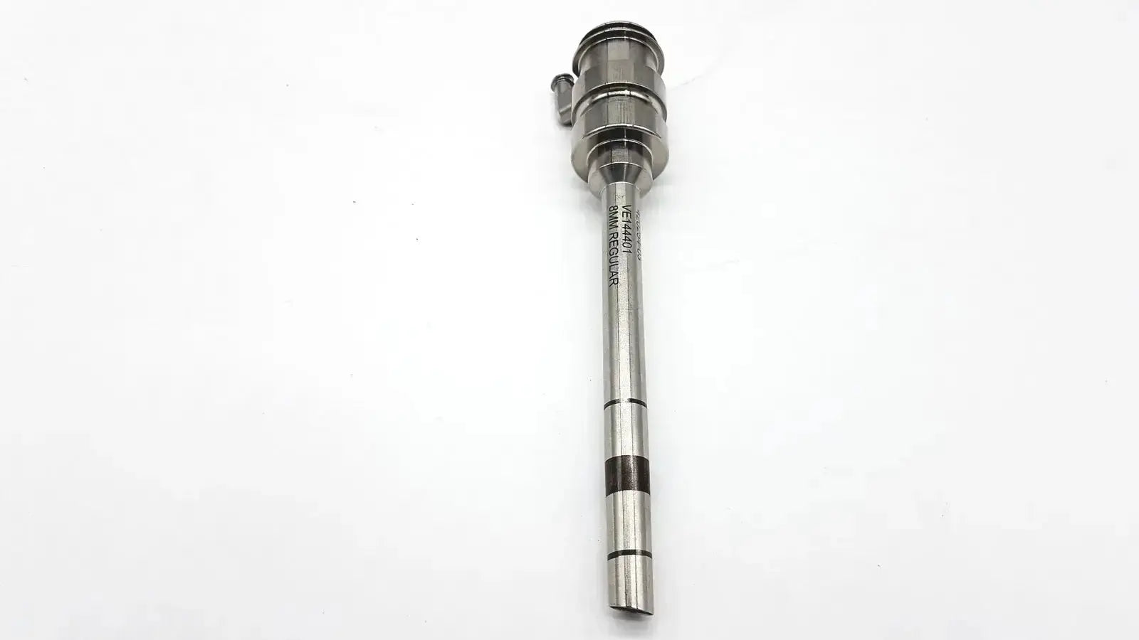 Silver metallic fuel injector with a cylindrical head and engraved threaded body for vinci regular 8mm cannula use