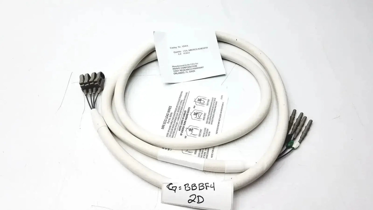 White coiled Invivo 9240A MRI ecg lead wires with multiple metallic connectors for reliable cardiac monitoring