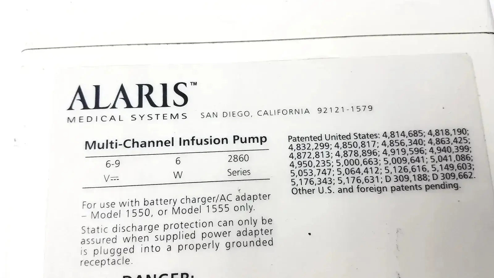 Close-up of the back label on an Alaris ivac medsystem multi-channel infusion pump showing patent numbers for patient monitor 2860d medsystem iii