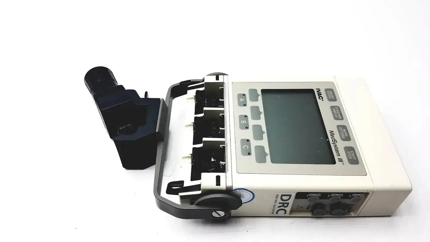 White and black alaris ivac medsystem iii patient monitor 2860d with digital display, buttons, and four infusion ports