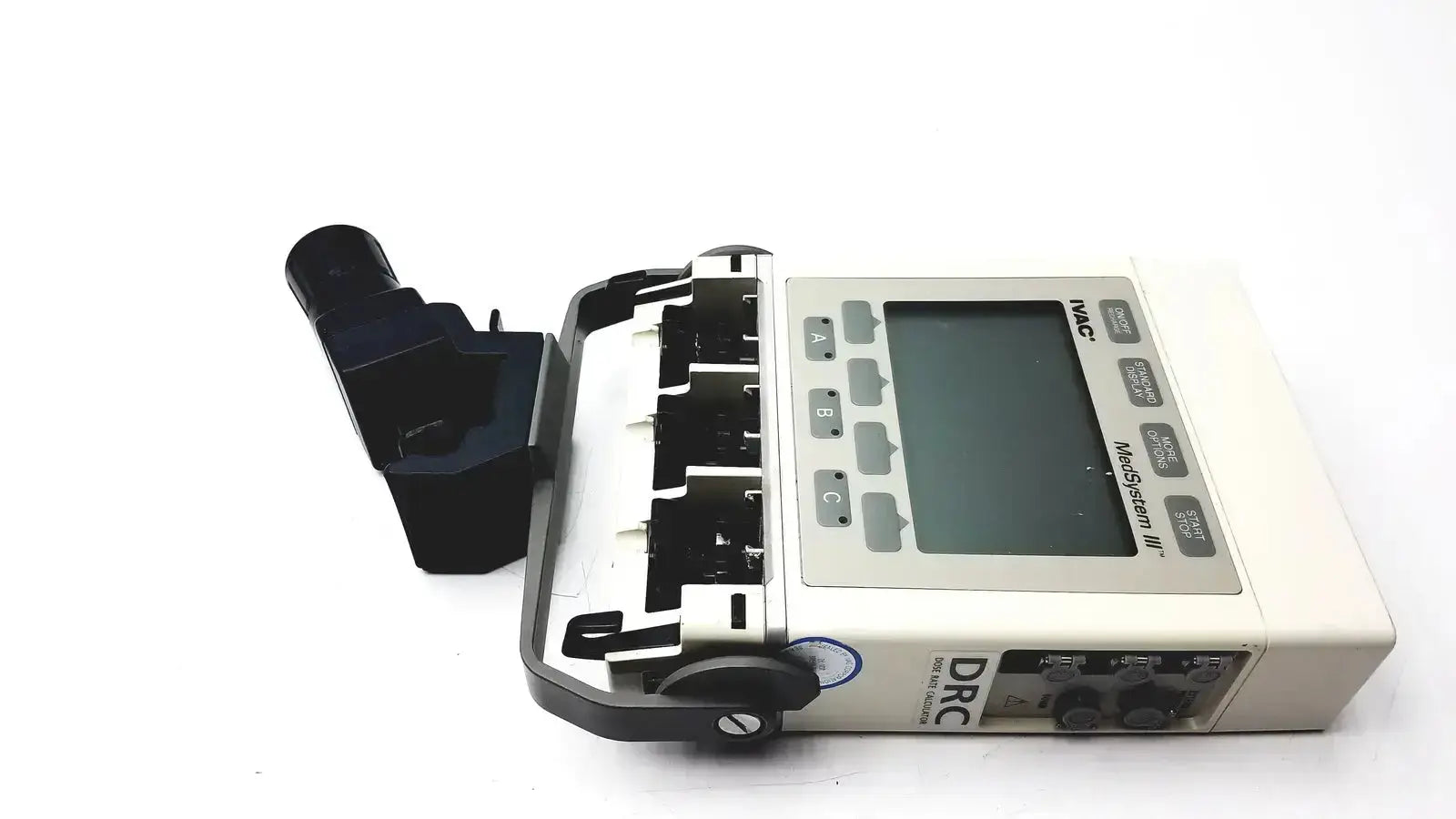 White and black alaris ivac medsystem iii patient monitor 2860d with digital display, buttons, and four infusion ports