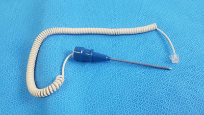 Ivac turbotemp oral temperature probe medical equipment with blue plastic coating white coiled cable and clear rj45 connector