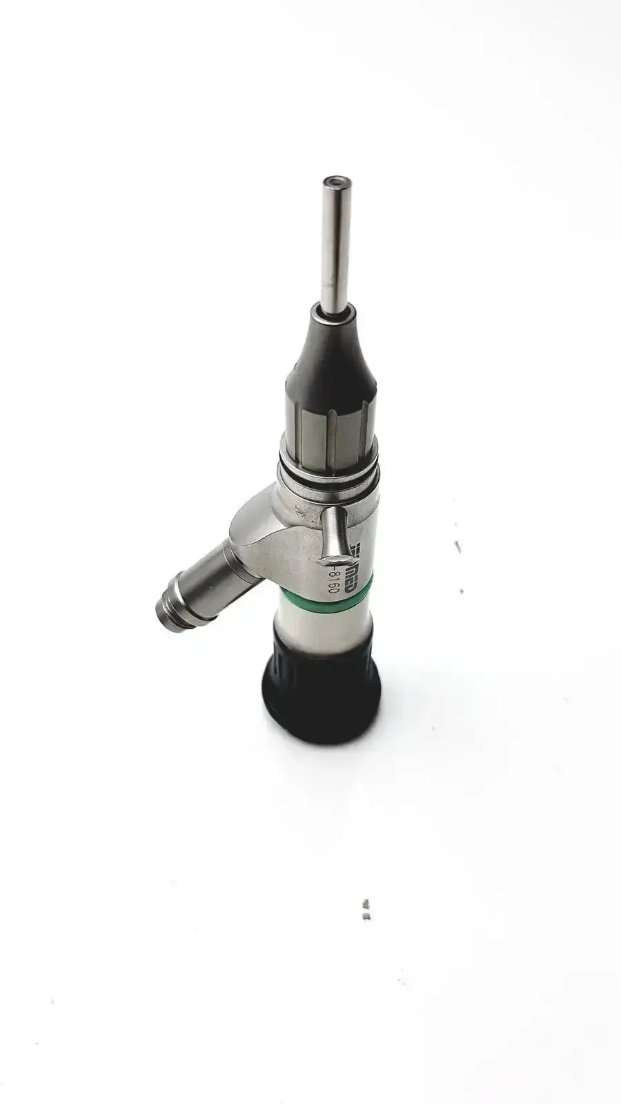 Silver starmed video otoscope with black accents green band slender metallic tip and ergonomic handle for precise examination