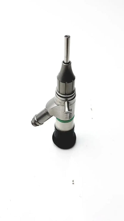 Silver starmed video otoscope with black accents green band slender metallic tip and ergonomic handle for precise examination