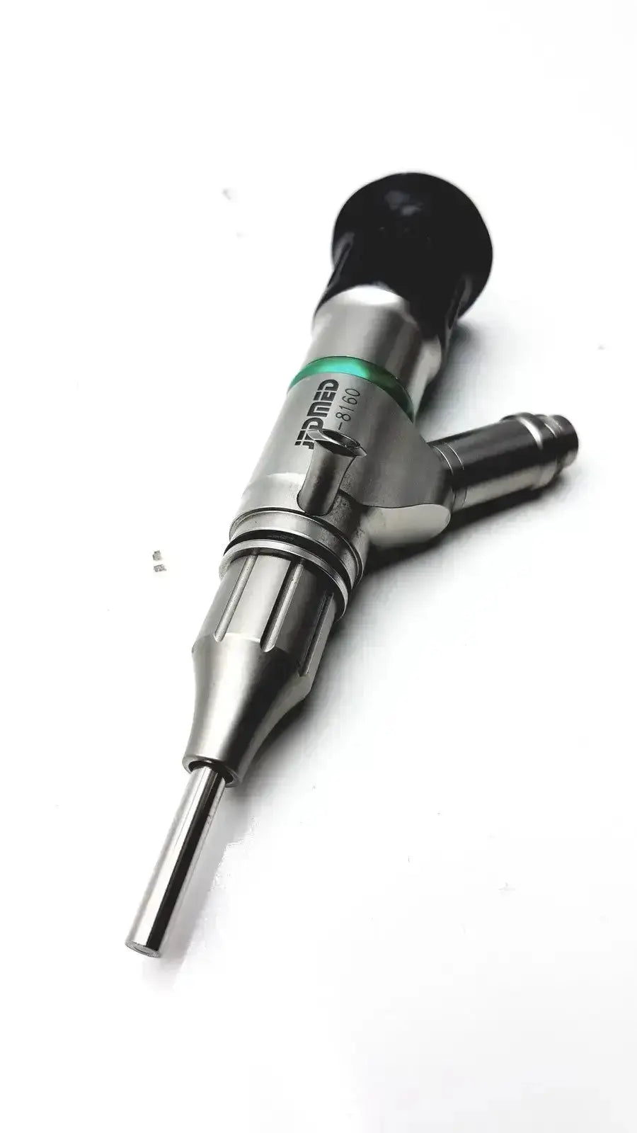 Silver surgical instrument with black ergonomic handle and green accent band for precision use in starmed video otoscope