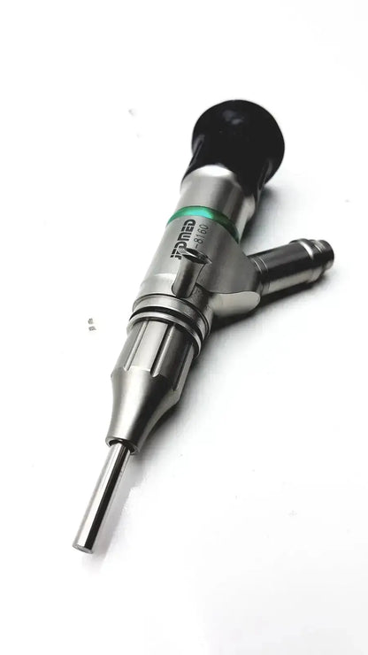 Silver surgical instrument with black ergonomic handle and green accent band for precision use in starmed video otoscope
