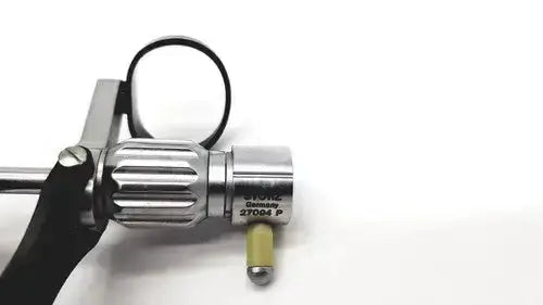Silver karl storz 27094p optical kidney stone grasper with textured grip and engraved markings for precise handling