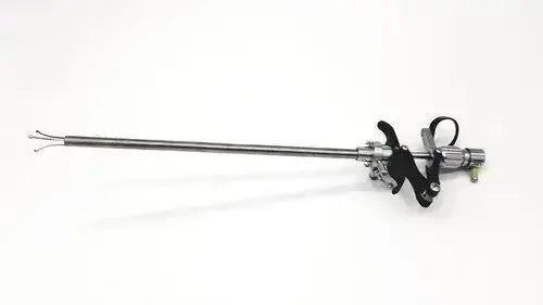 Silver karl storz 27094p optical kidney stone grasper with black ergonomic handles and slender metallic shaft