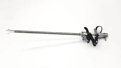 Silver karl storz 27094p optical kidney stone grasper with black ergonomic handles and slender metallic shaft