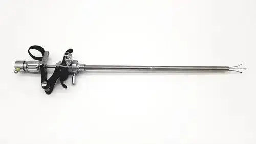 Silver karl storz 27094p optical kidney stone grasper with black ergonomic handles and three-prong metallic shaft