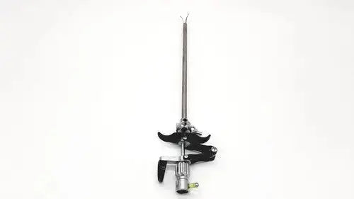 Black and silver karl storz 27094p optical kidney stone grasper with long metallic shaft and adjustable clamps