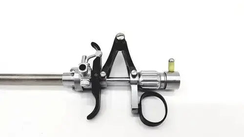 Silver surgical karl storz 27094p optical kidney stone grasper with black handles and yellow-tipped component