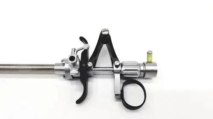 Silver surgical karl storz 27094p optical kidney stone grasper with black handles and yellow-tipped component
