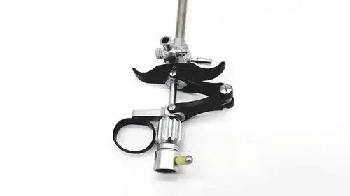 Black and silver karl storz 27094p optical kidney stone grasper with curved handle and adjustable grip mechanism