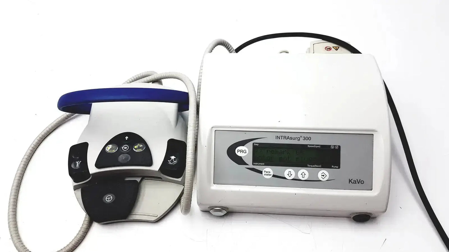 White kavo intrasurg 300 dental implant drill with blue handle and black control buttons for surgical use
