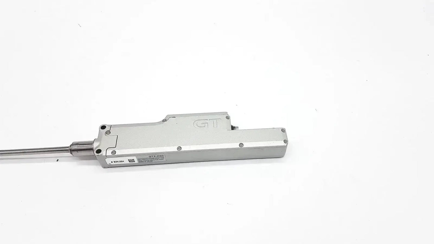 Silver metallic linear actuator with engraved gt branding from keyence gt2-h50 intelligent series contact sensor
