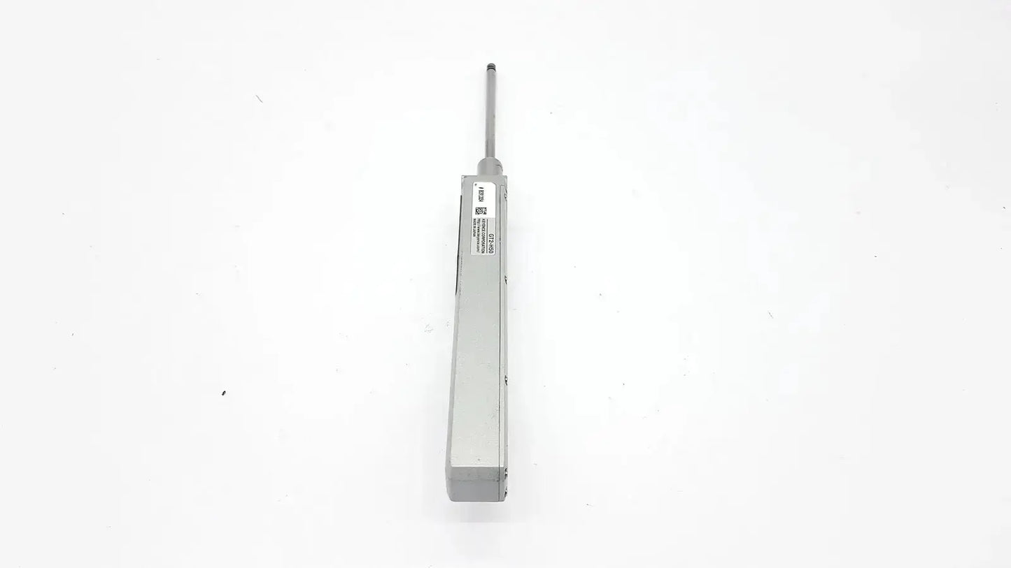 Silver metallic cylindrical keyence gt2-h50 intelligent series contact sensor with protruding rod and labeled specifications