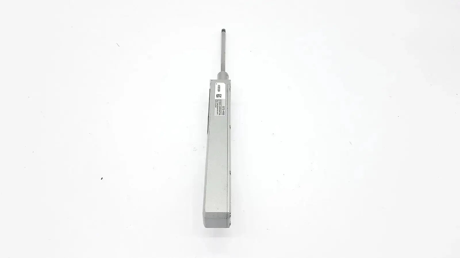 Silver metallic cylindrical keyence gt2-h50 intelligent series contact sensor with protruding rod and labeled specifications