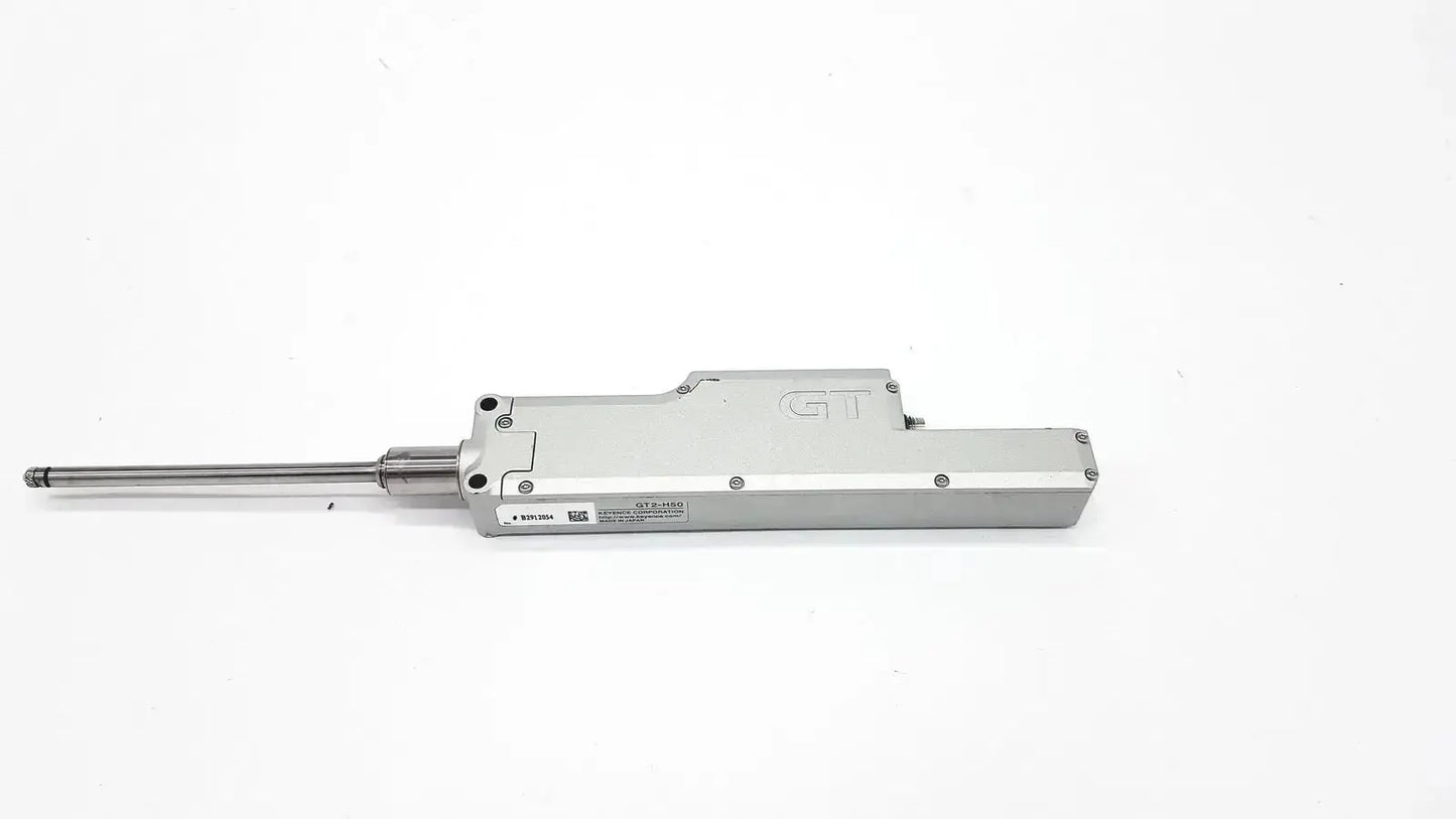 Silver metallic linear actuator with sleek rectangular housing and extended rod from keyence intelligent series contact sensor