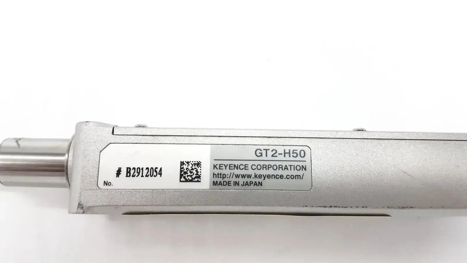 Silver metallic linear actuator with matte finish labeled gt2 h50 by Keyence corporation in the intelligent series contact sensor